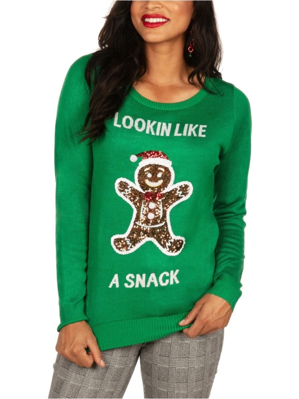 Tipsy Elves Green Sequin Gingerbread 'Lookin Like A Snack' Holiday Sweater